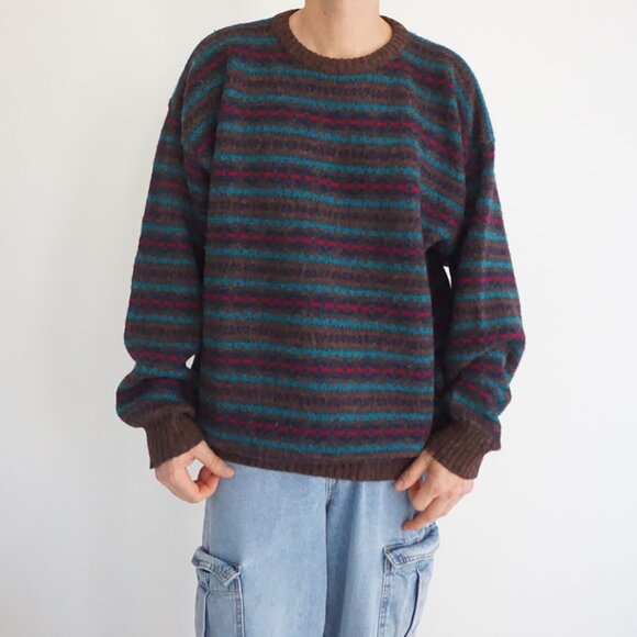 Vintage St John’s Bay Brown Wool Striped Sweater Cabincore Retro 80s/90s XL - Picture 1 of 10